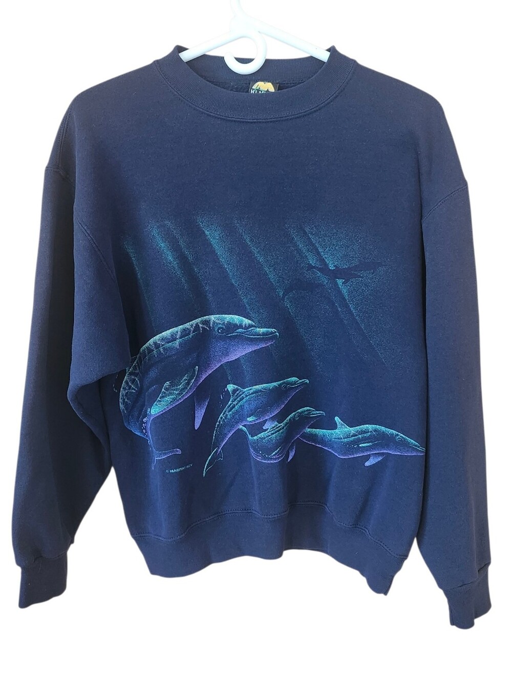 H.L. Miller Gold Vintage 90s Habitat Dolphin Graphic Navy Crewneck Sweatshirt M